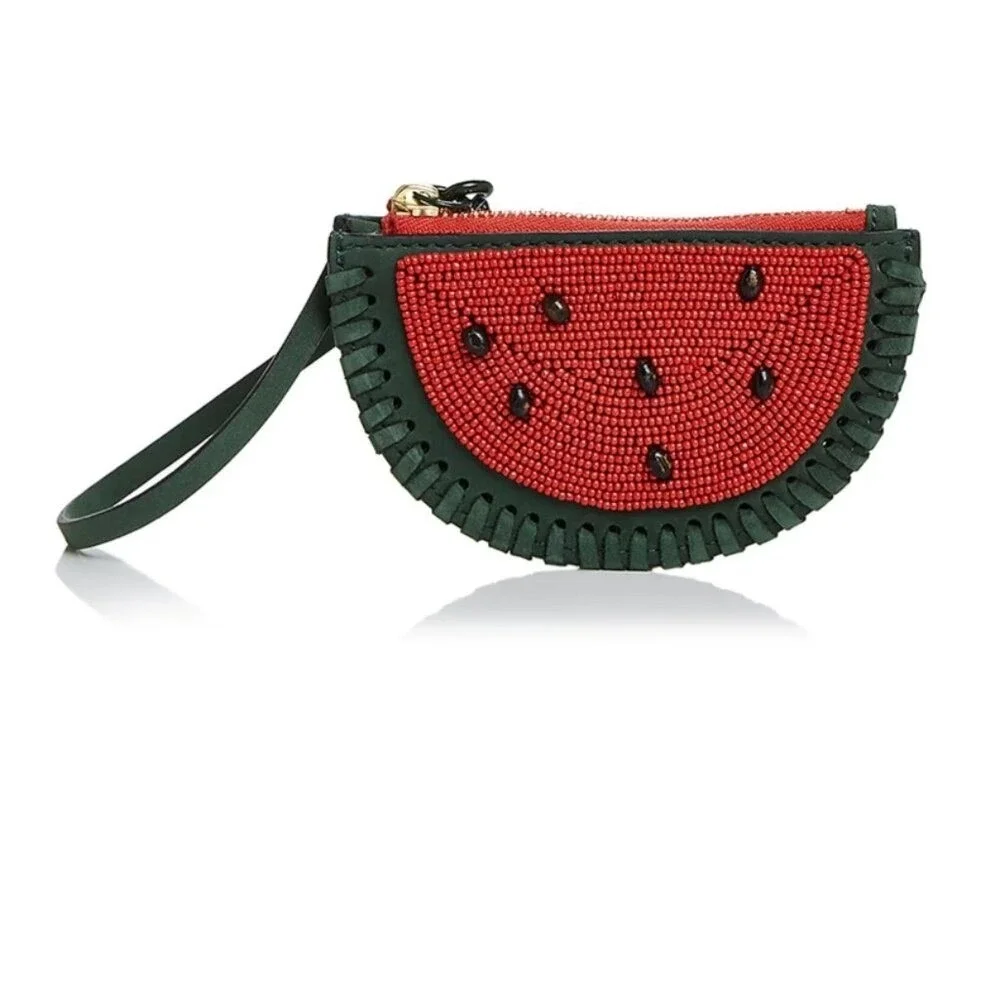 Tory Burch Beaded Watermelon Nubuck Leather Coin Purse Pouch Wristlet